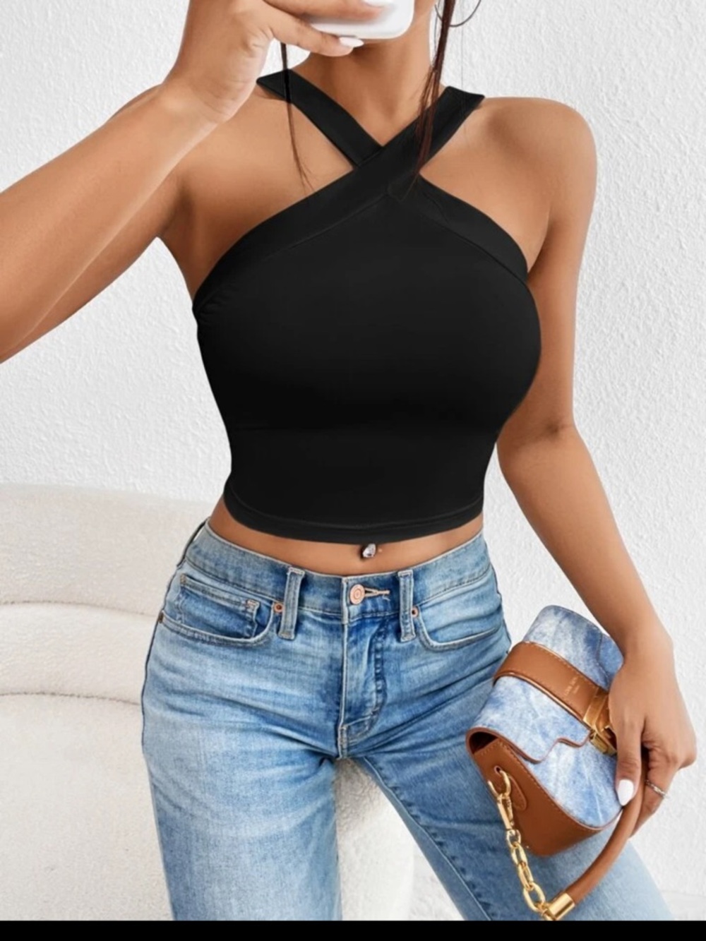 Crossover Halter Crop Top - Black
